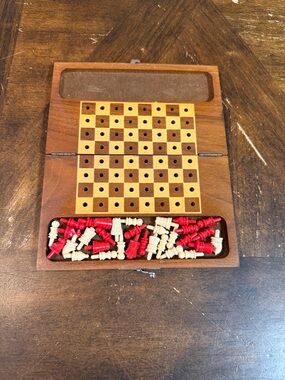 Wooden Travel Peg Solitaire Board Game with Red and White Pegs